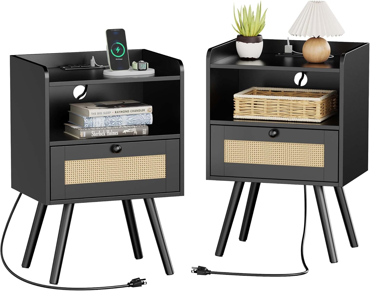 Nightstands Set of 2, Night Stands with Charging Station & PE Rattan Decor Drawer, Bed Side Tables