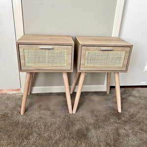 Nightstand Set of 2, Boho Bedside Table with Rattan Door Solid Wood Feet for Bedroom Living Room