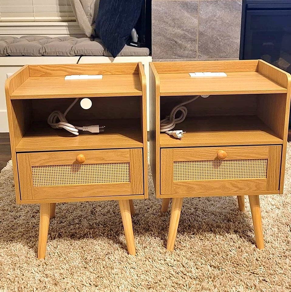 Nightstands Set of 2, Night Stands with Charging Station & PE Rattan Decor Drawer, Bed Side Tables