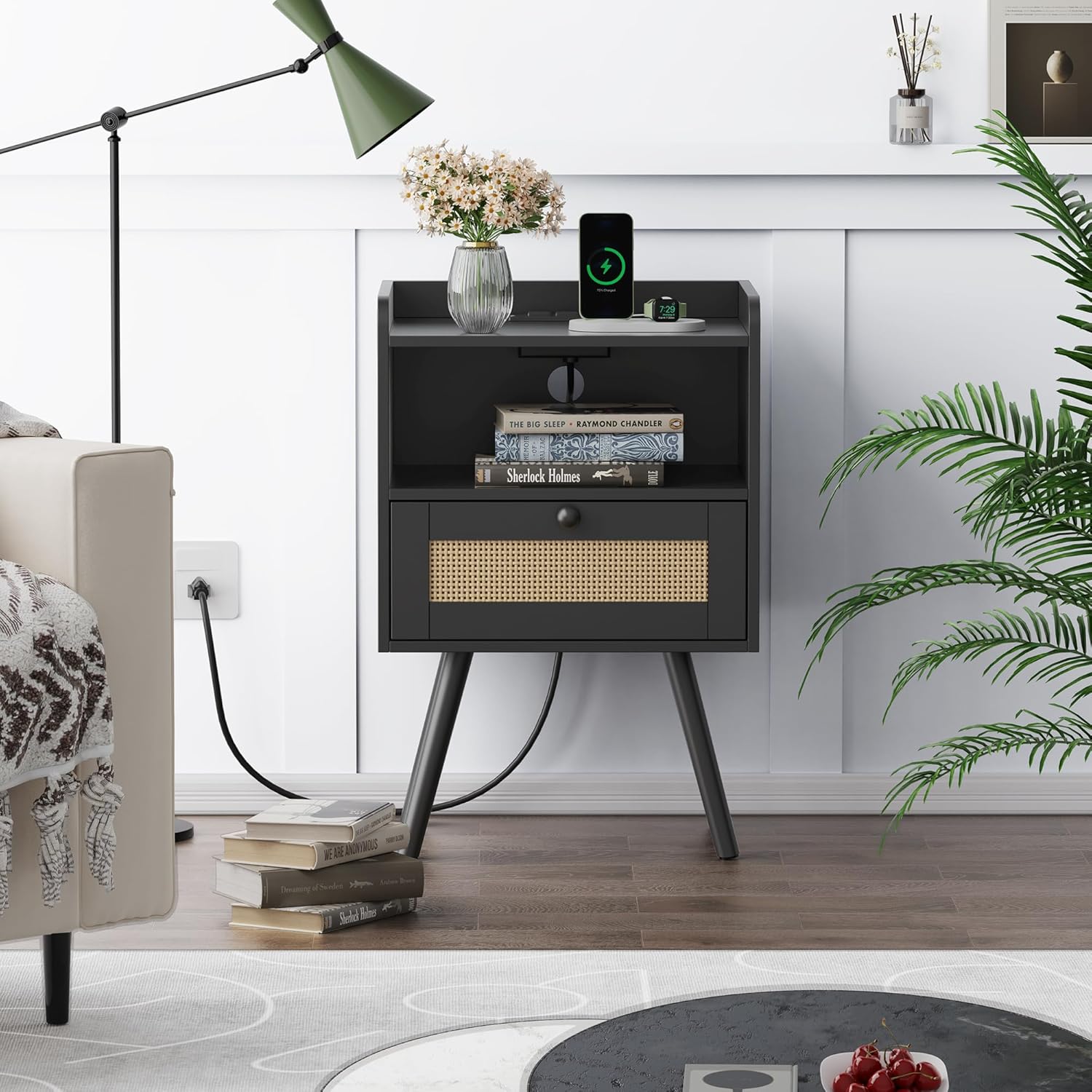 Nightstands Set of 2, Night Stands with Charging Station & PE Rattan Decor Drawer, Bed Side Tables