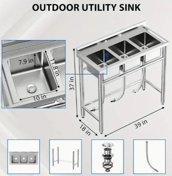 New 40" 3 Compartment Commercial Kitchen Sink Stainless Steel Utility Sink