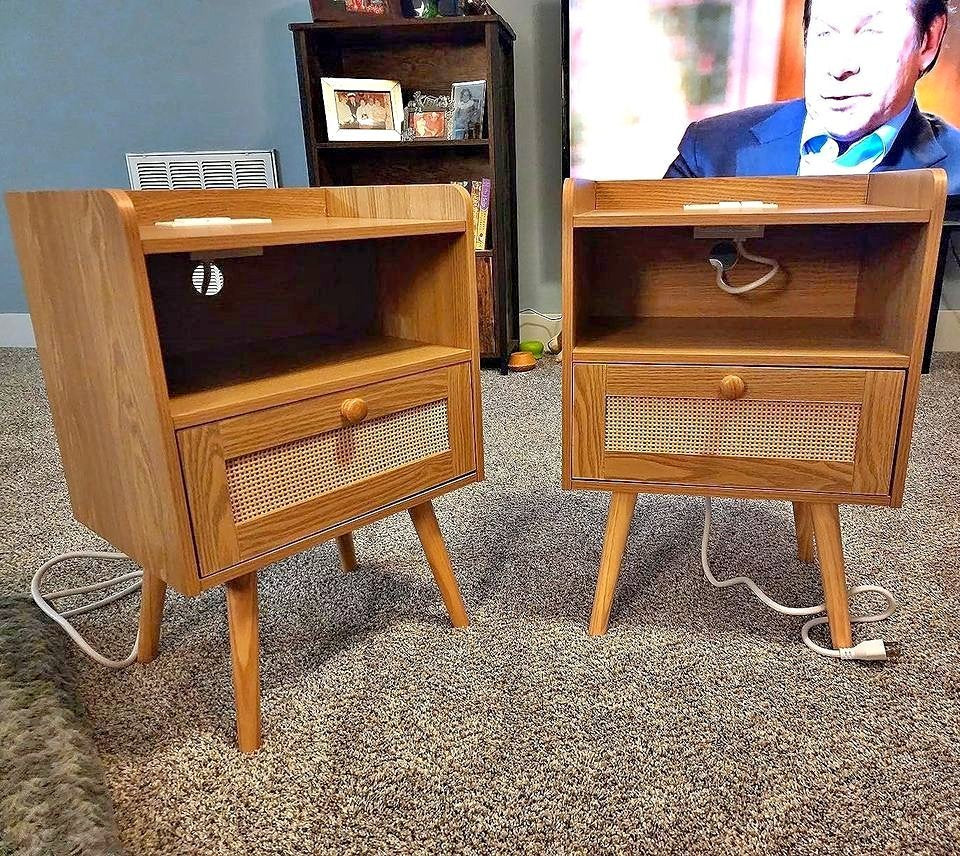 Nightstands Set of 2, Night Stands with Charging Station & PE Rattan Decor Drawer, Bed Side Tables
