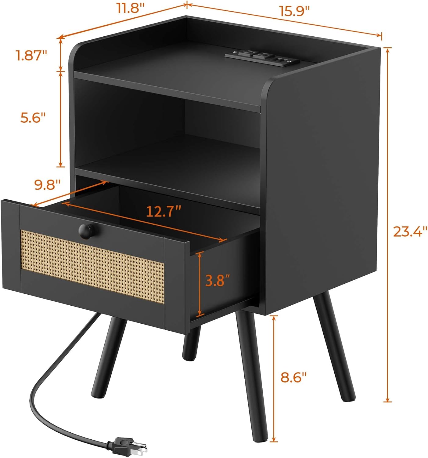 Nightstands Set of 2, Night Stands with Charging Station & PE Rattan Decor Drawer, Bed Side Tables