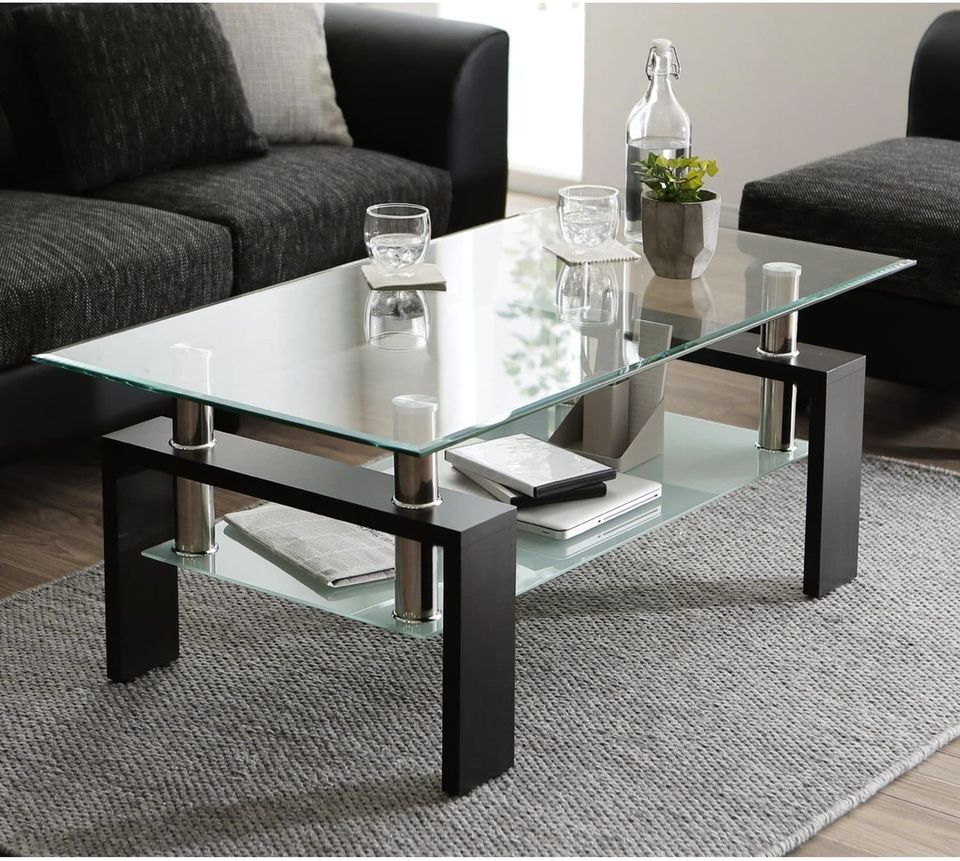 Glass Coffee Table for Living Room, Rectangle Modern Side Coffee Table w/ Lower Shelf, Metal Leg