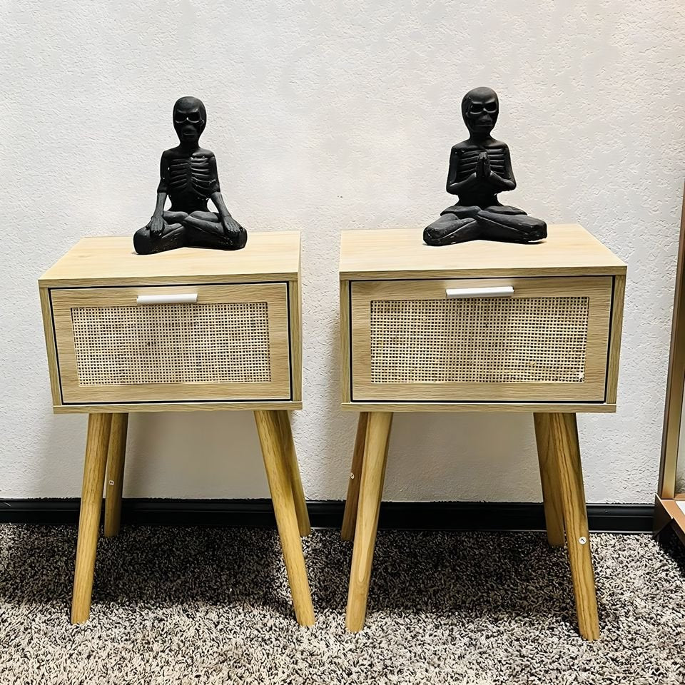 Nightstand Set of 2, Boho Bedside Table with Rattan Door Solid Wood Feet for Bedroom Living Room