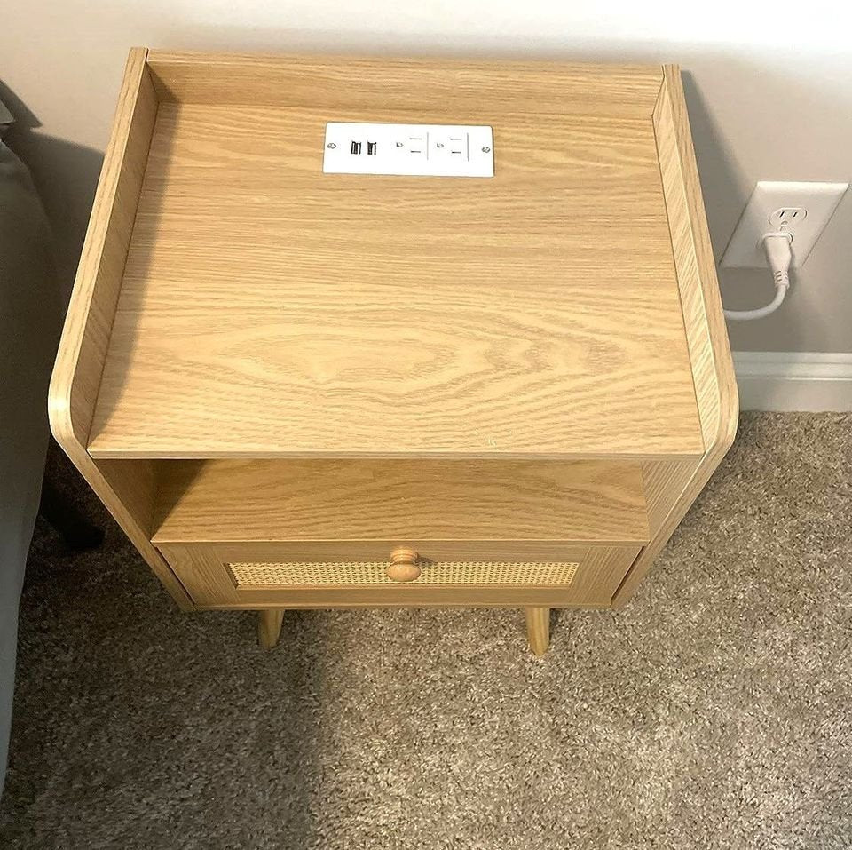 Nightstands Set of 2, Night Stands with Charging Station & PE Rattan Decor Drawer, Bed Side Tables