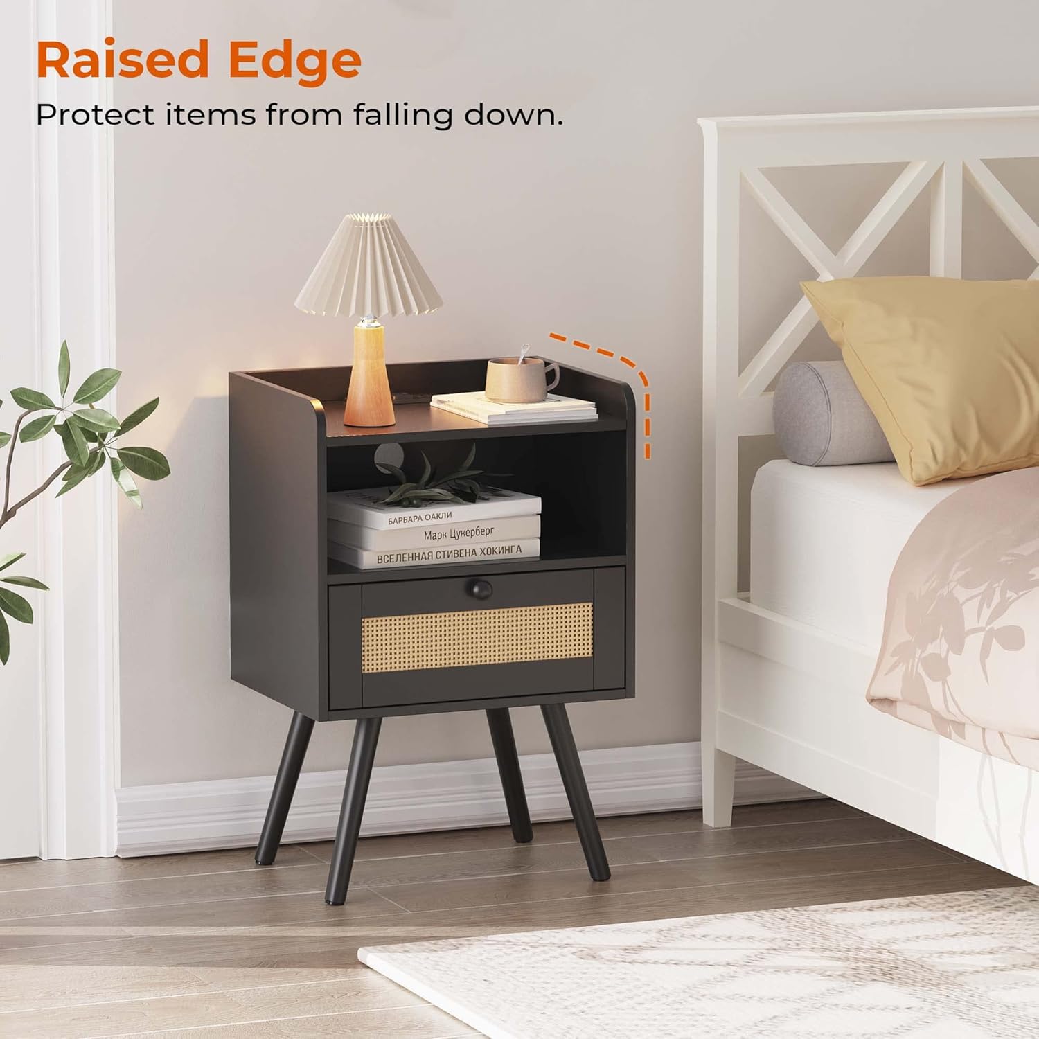 Nightstands Set of 2, Night Stands with Charging Station & PE Rattan Decor Drawer, Bed Side Tables