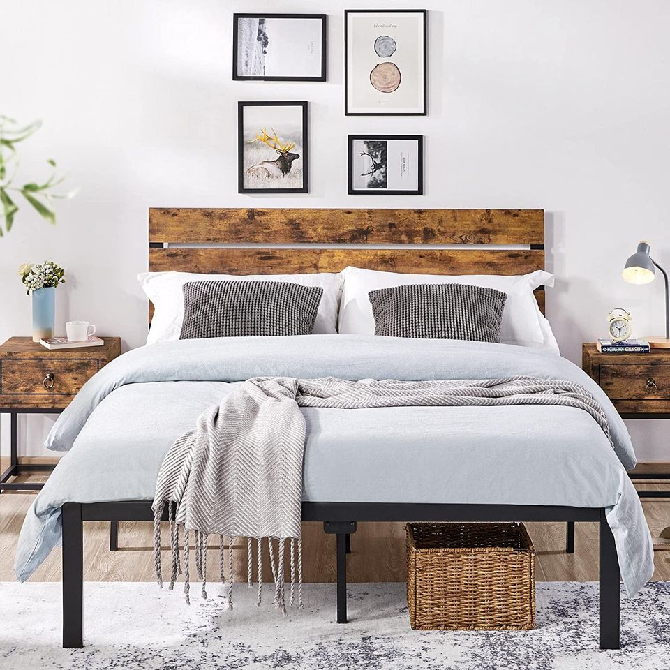 Full Size Metal Platform Bed Frame w/Wooden Headboard Rustic Country Style