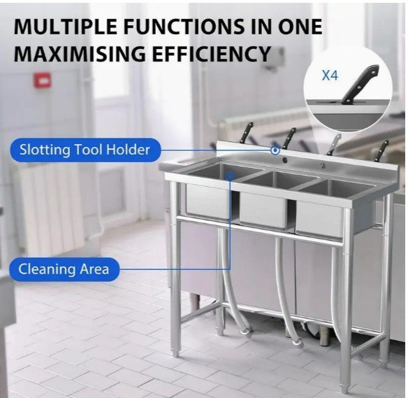 New 40" 3 Compartment Commercial Kitchen Sink Stainless Steel Utility Sink