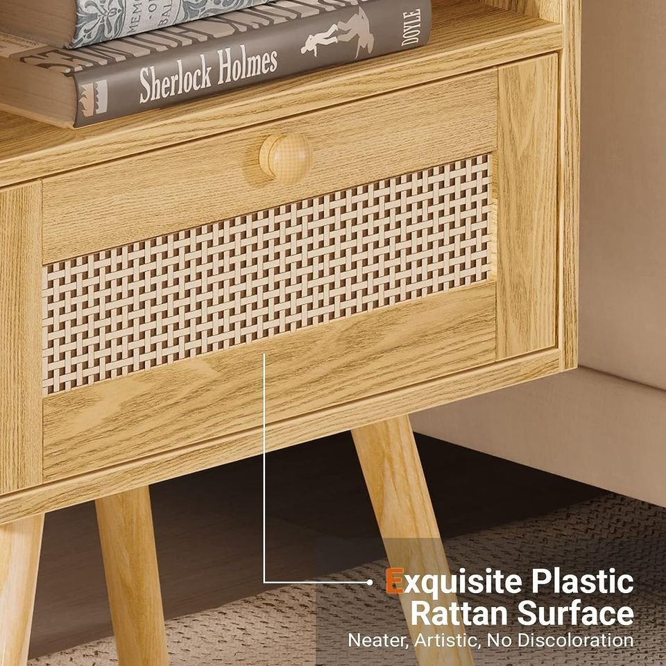 Nightstands Set of 2, Night Stands with Charging Station & PE Rattan Decor Drawer, Bed Side Tables