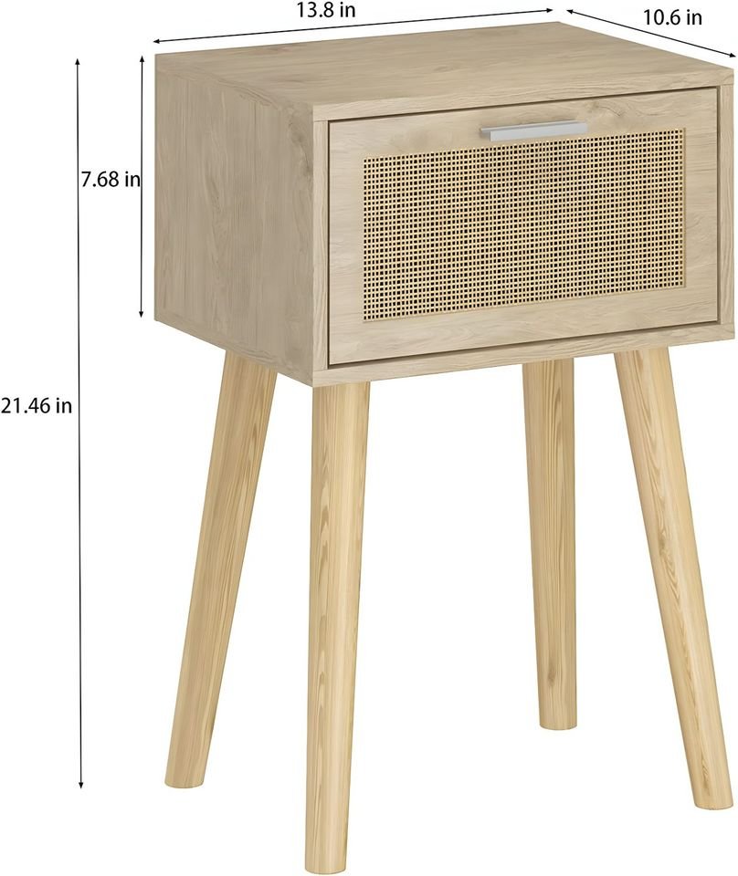 Nightstand Set of 2, Boho Bedside Table with Rattan Door Solid Wood Feet for Bedroom Living Room