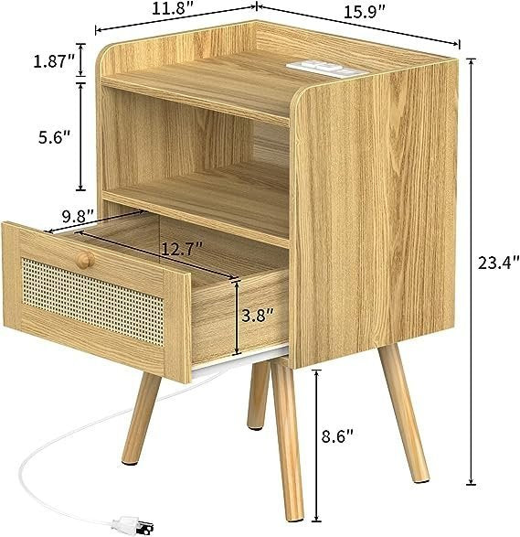 Nightstands Set of 2, Night Stands with Charging Station & PE Rattan Decor Drawer, Bed Side Tables