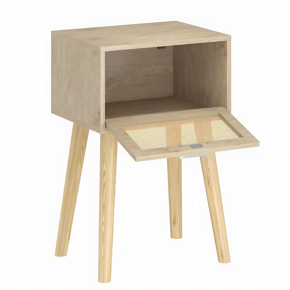 Nightstand Set of 2, Boho Bedside Table with Rattan Door Solid Wood Feet for Bedroom Living Room