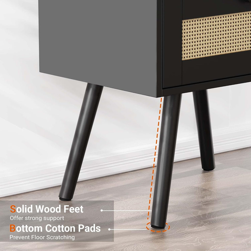 Nightstands Set of 2, Night Stands with Charging Station & PE Rattan Decor Drawer, Bed Side Tables