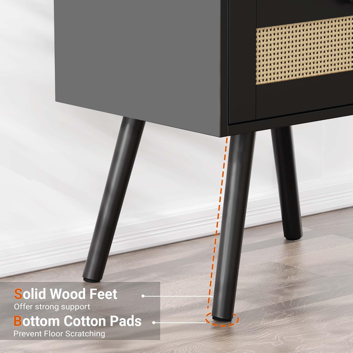 Nightstands Set of 2, Night Stands with Charging Station & PE Rattan Decor Drawer, Bed Side Tables