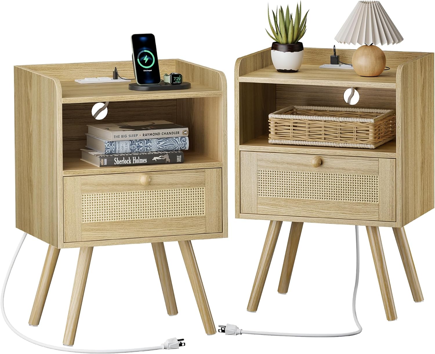 Nightstands Set of 2, Night Stands with Charging Station & PE Rattan Decor Drawer, Bed Side Tables